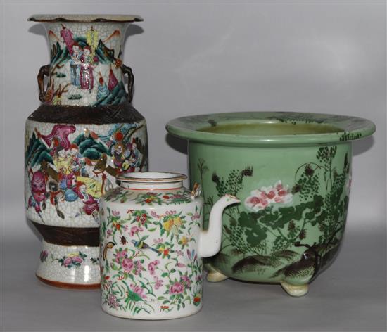 A crackleware Chinese vase, a teapot and a green jardiniere